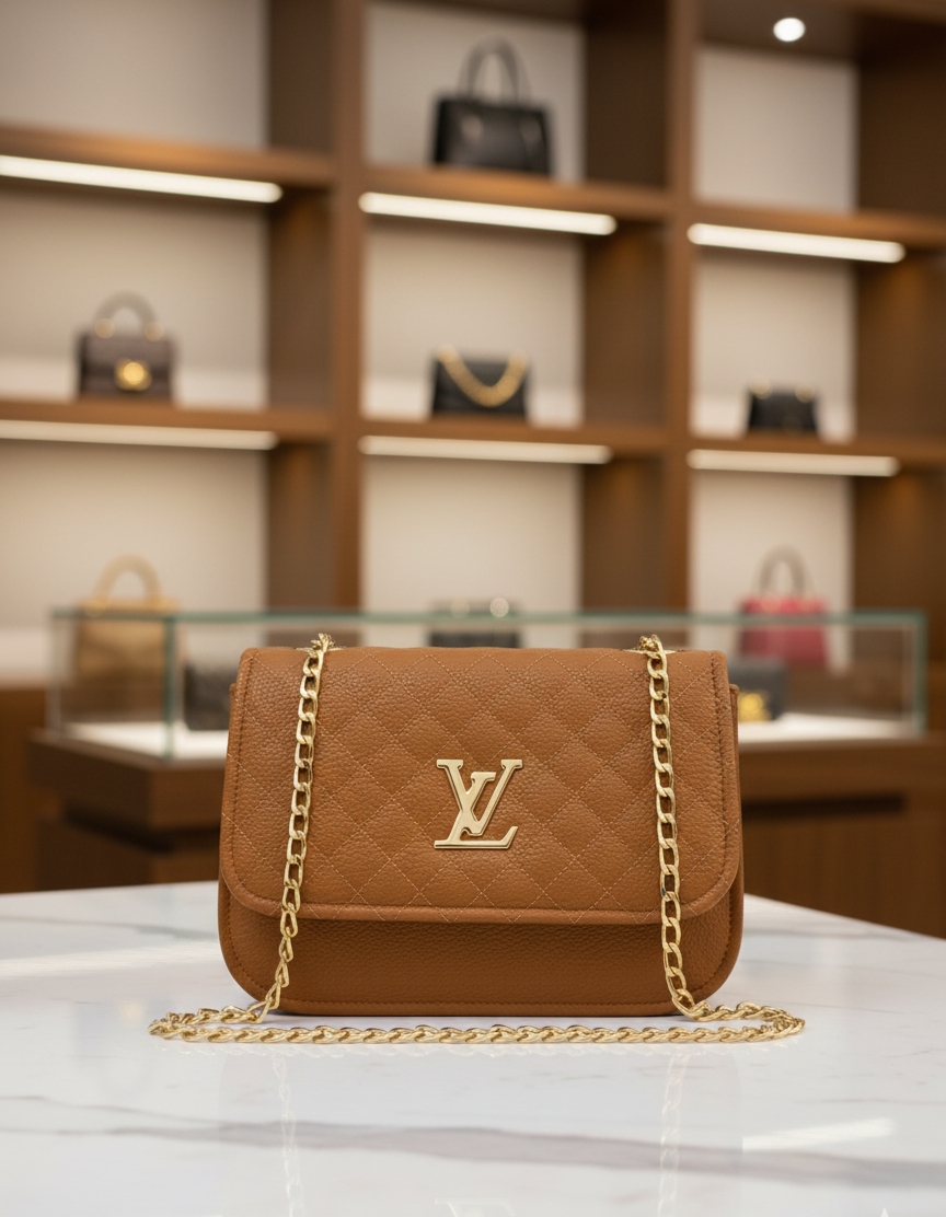 Classic LV Crossbody Flap Bag with Gold Chain